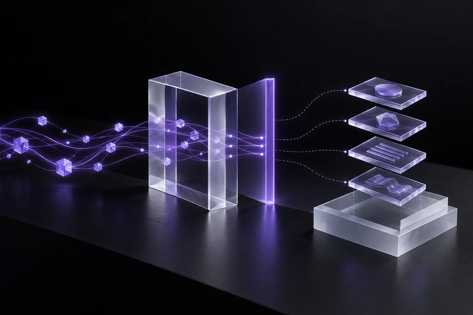 A violet action path stops at a translucent boundary beside four preserved evidence tiles.