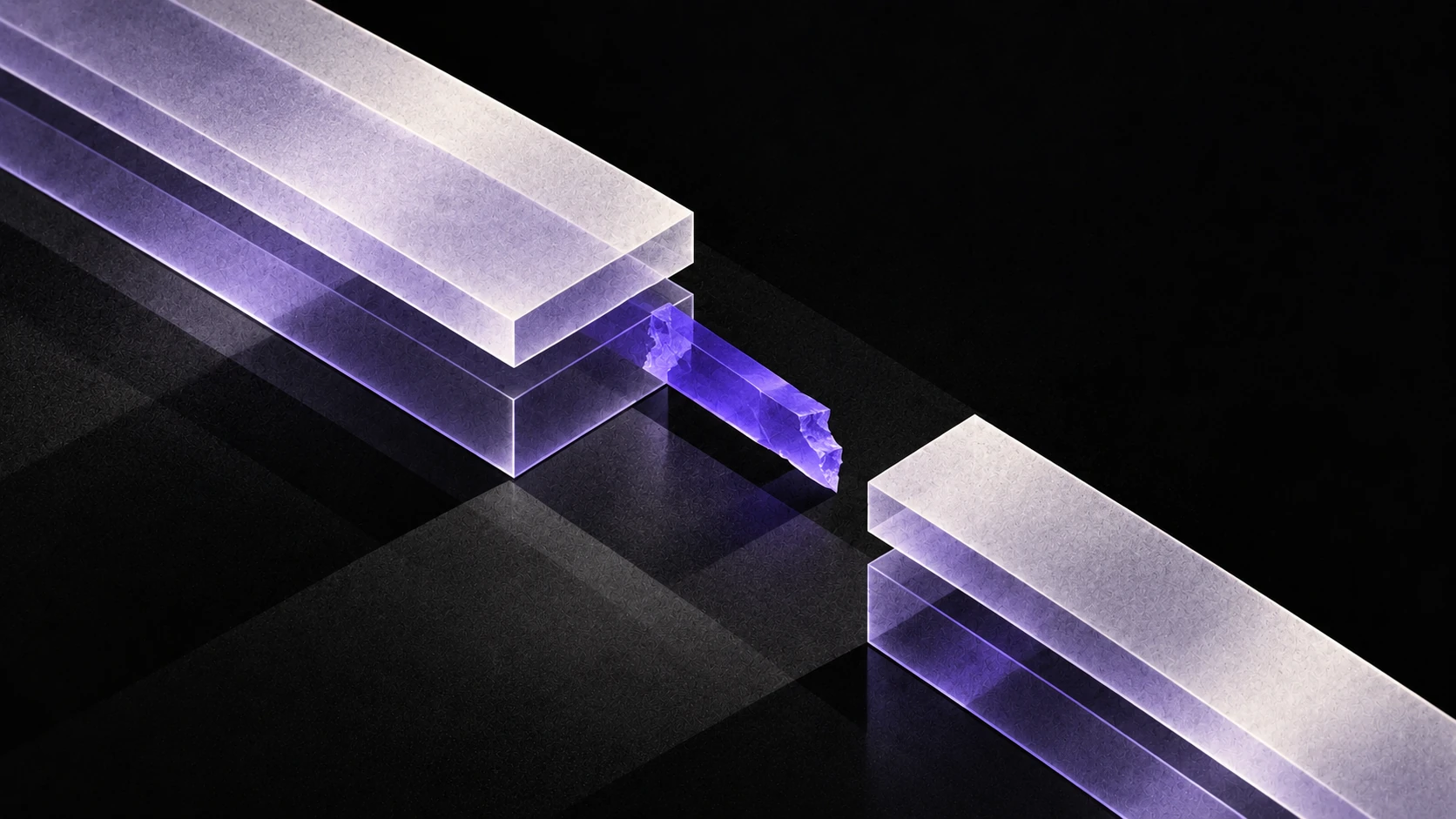 A violet change fragment stops at a syntax gap between two translucent code slabs.