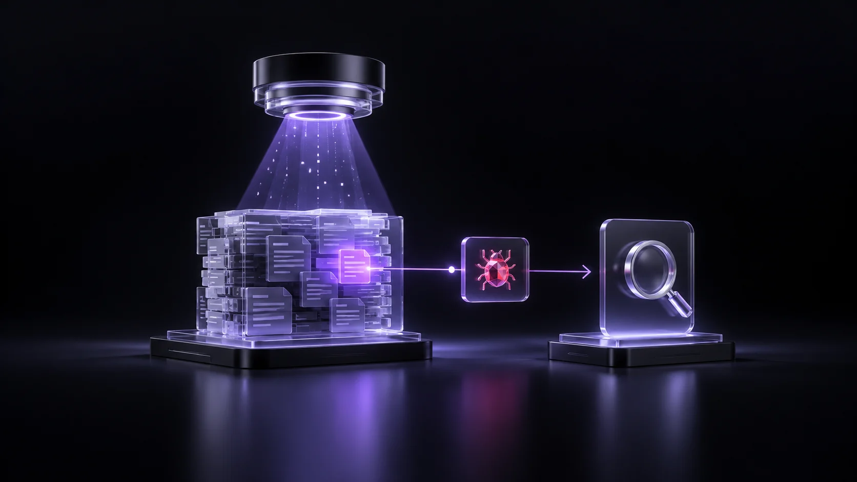 A violet scanning beam marks one finding in an open-source repository before it reaches a human review point.