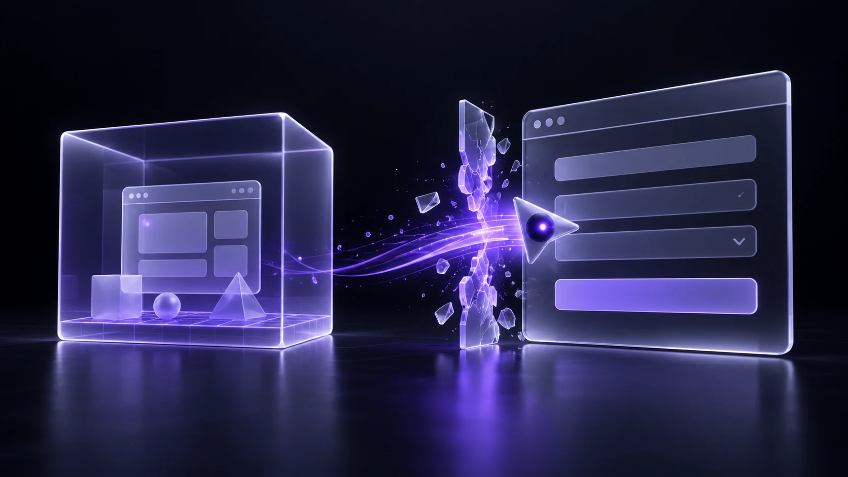 A cursor-like agent crosses a violet boundary from a test sandbox toward a live web form.