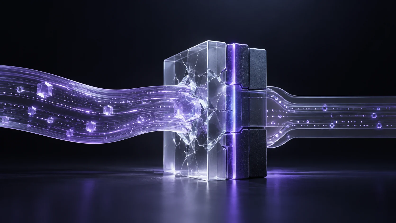 A violet authentication ribbon meets a network gateway memory boundary with a contained fracture and repair seam.