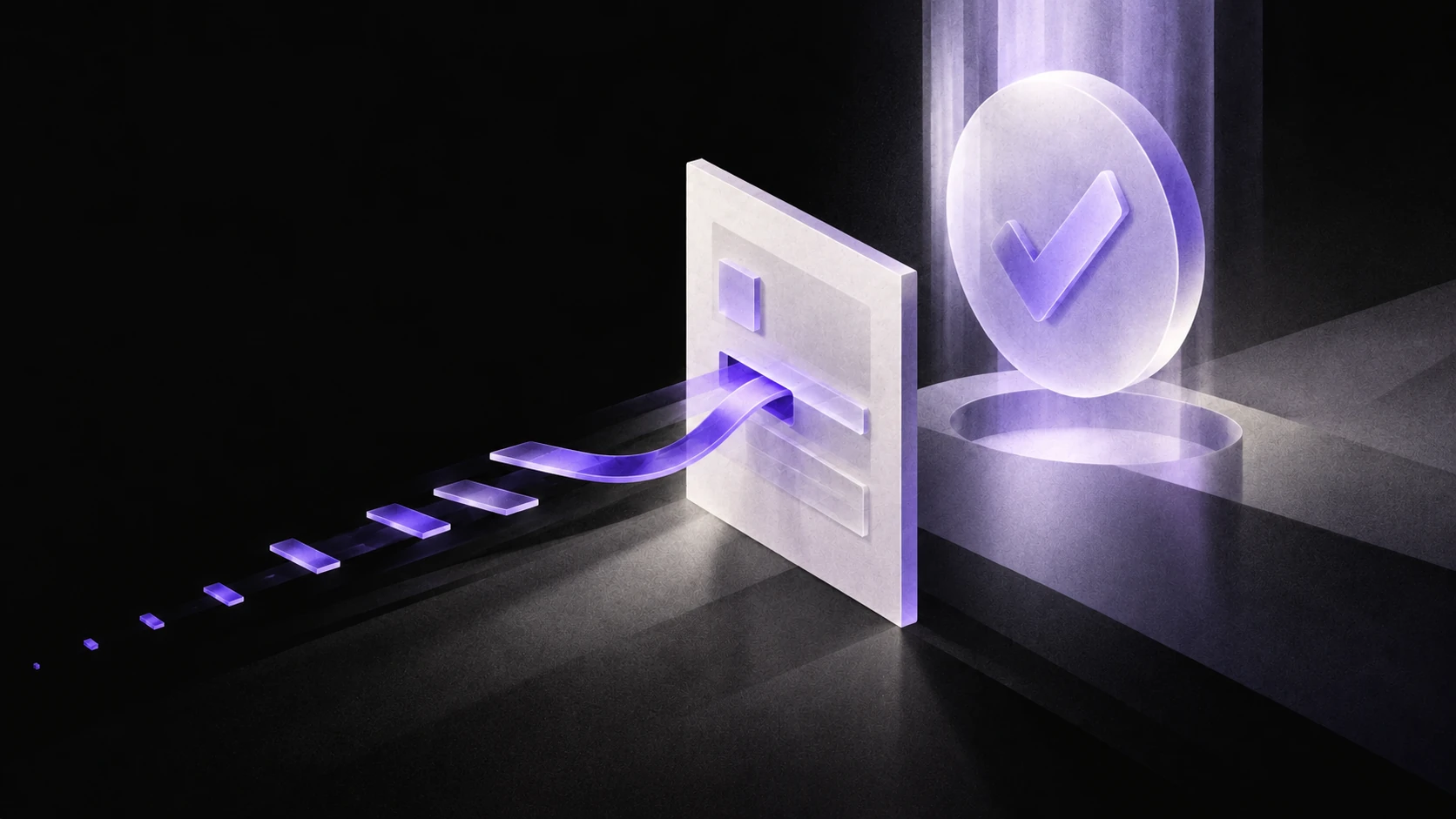 A violet project hook slips past a folder tile before an approval medallion settles into place.
