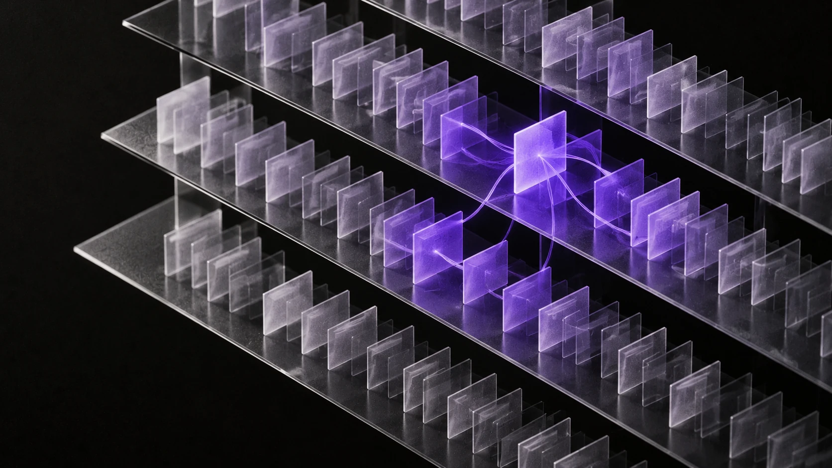A violet cluster pulses across several translucent skill cards on a receding marketplace shelf.