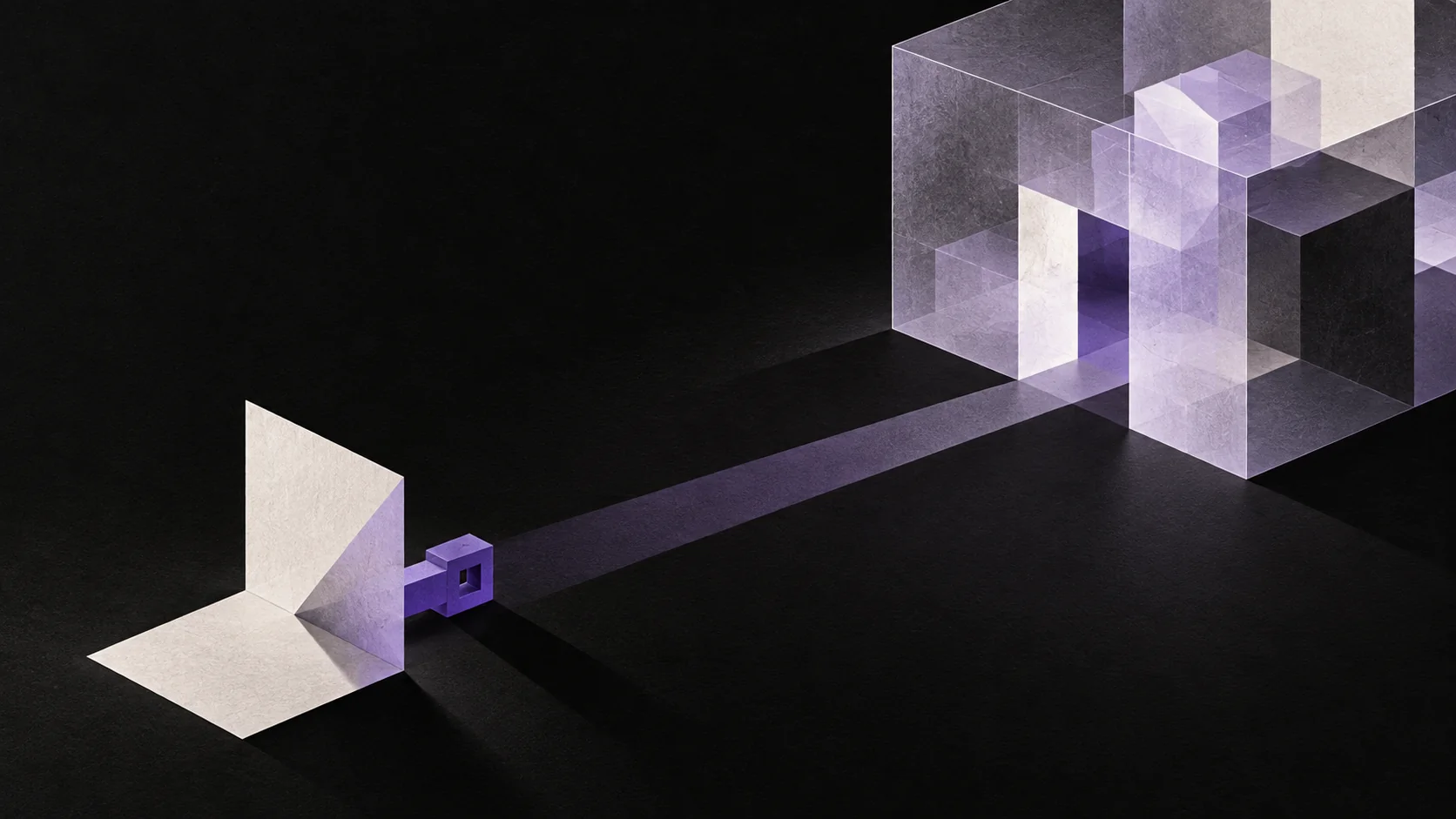 A violet geometric key beside a folded pale shape connects visually to a larger translucent structure.