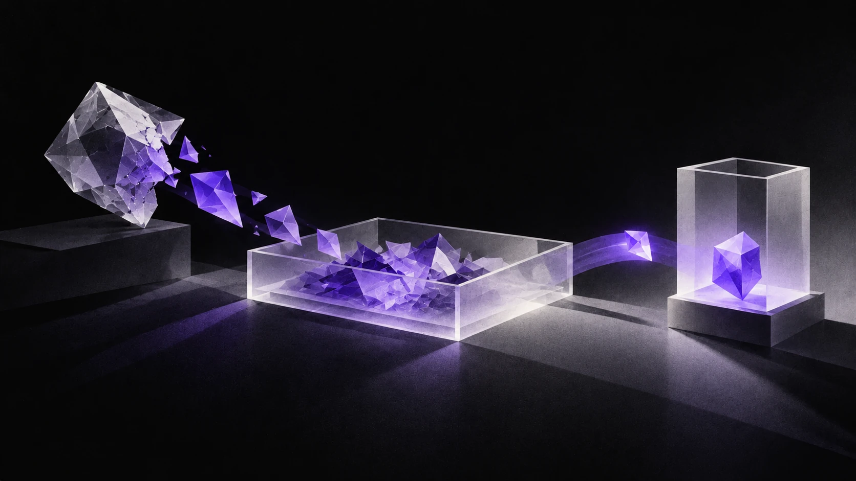 A faceted issue shard tips into a cache tray and sends a violet fragment toward a package vessel.