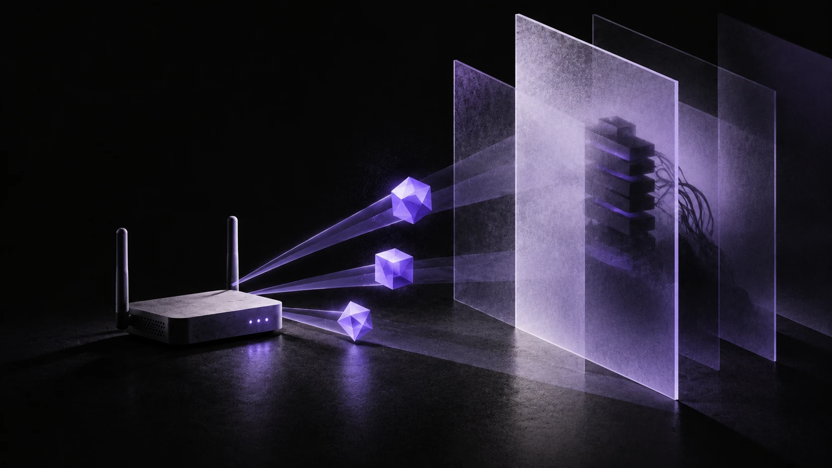 A router emits three violet pulses toward a layered system view that conceals a dark process silhouette.