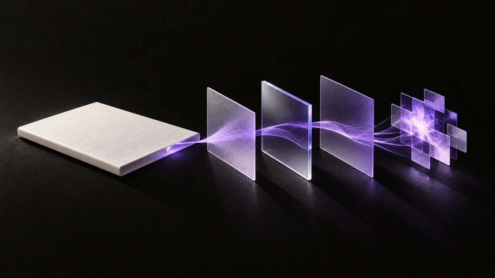 A thin violet filament passes from a pale message tile through glass panels and ends in a luminous image mosaic.