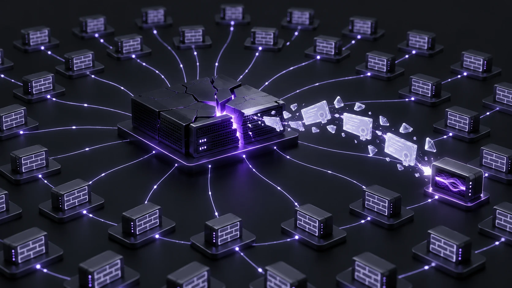 A compromised central firewall manager sends glowing trust fragments toward connected firewalls.