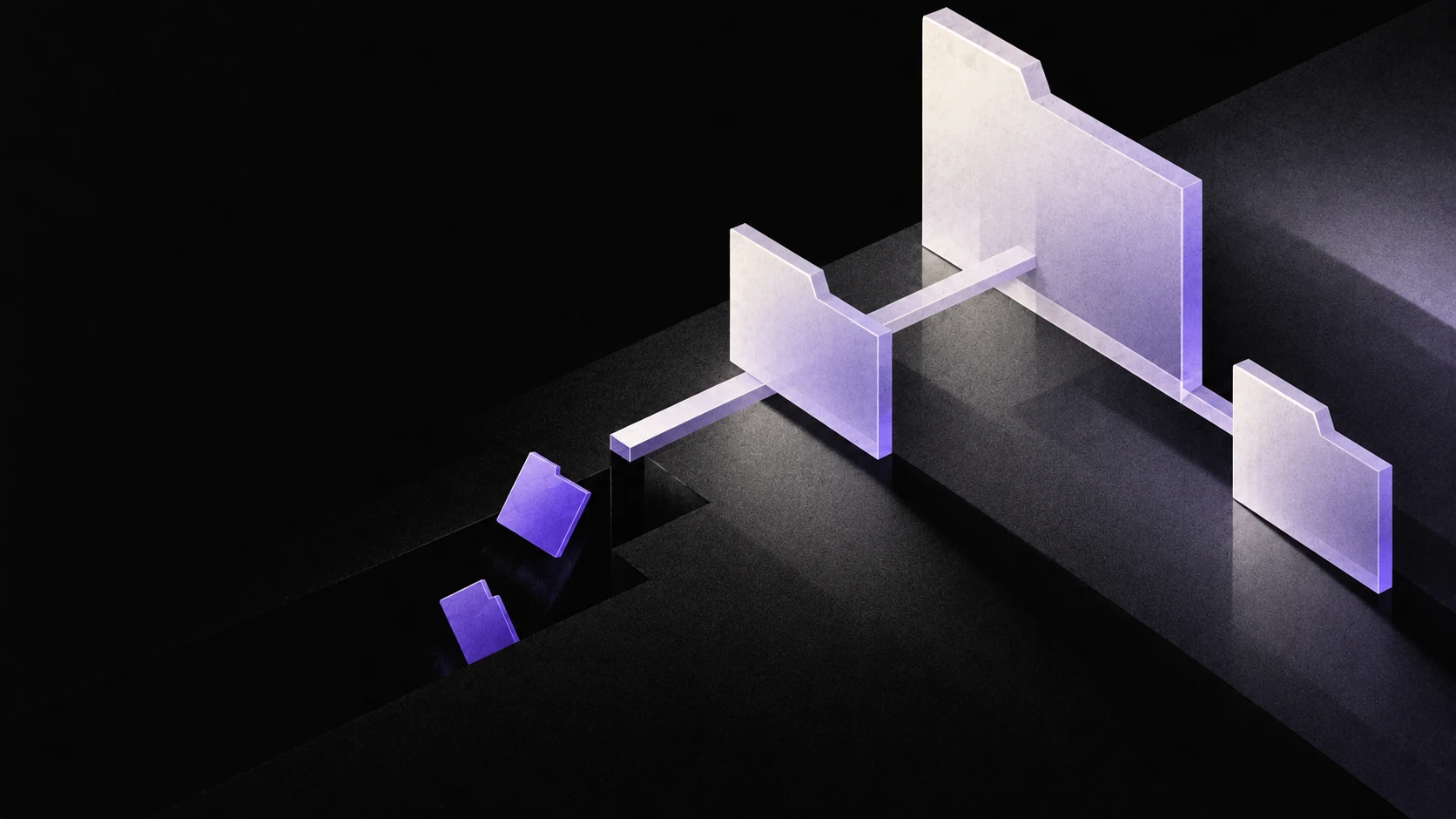 Two violet file tiles slip from a reorganized branch of pale translucent folder panels.