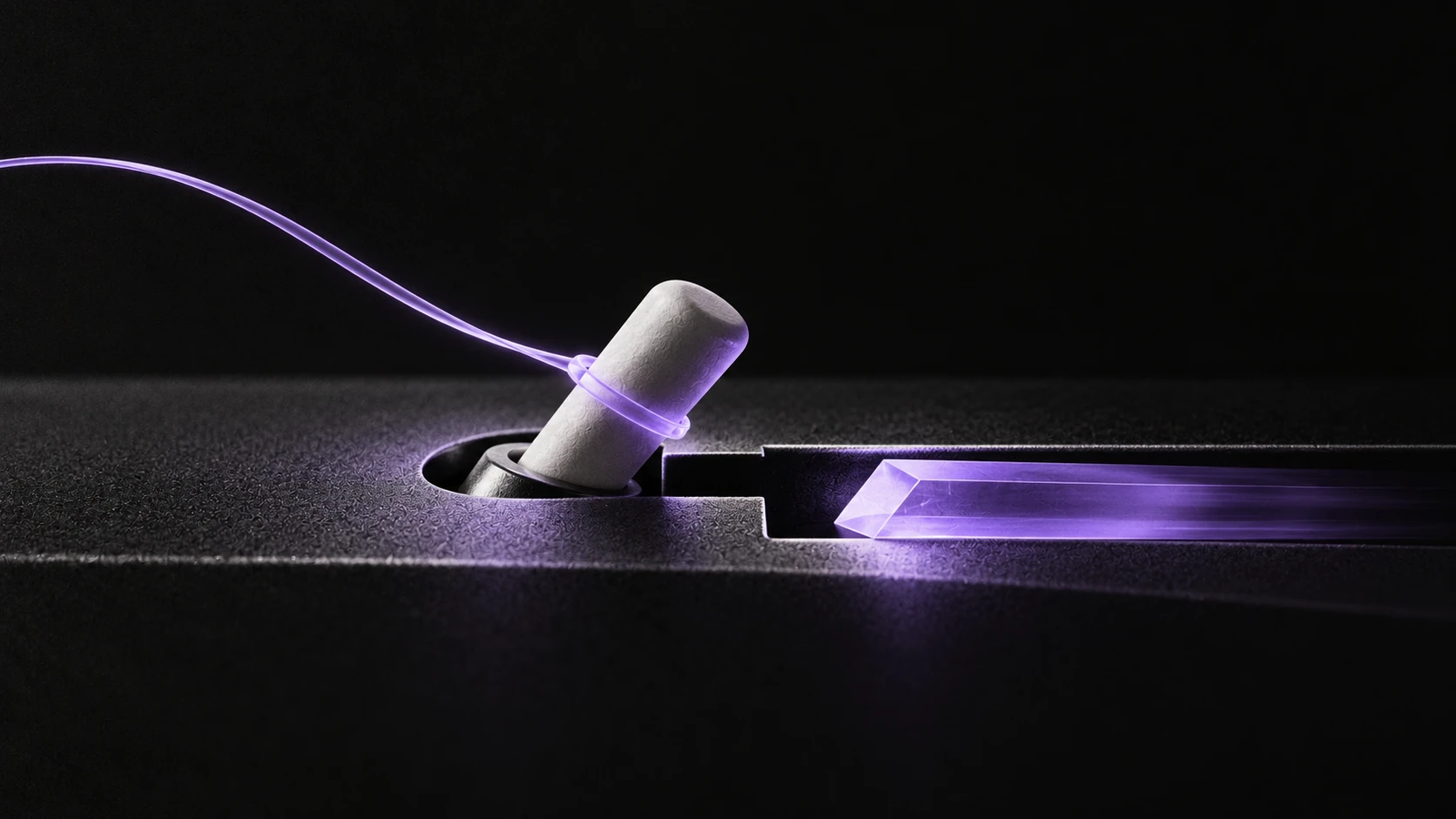 A concealed violet filament flips a small approval toggle as one command fragment slides through.