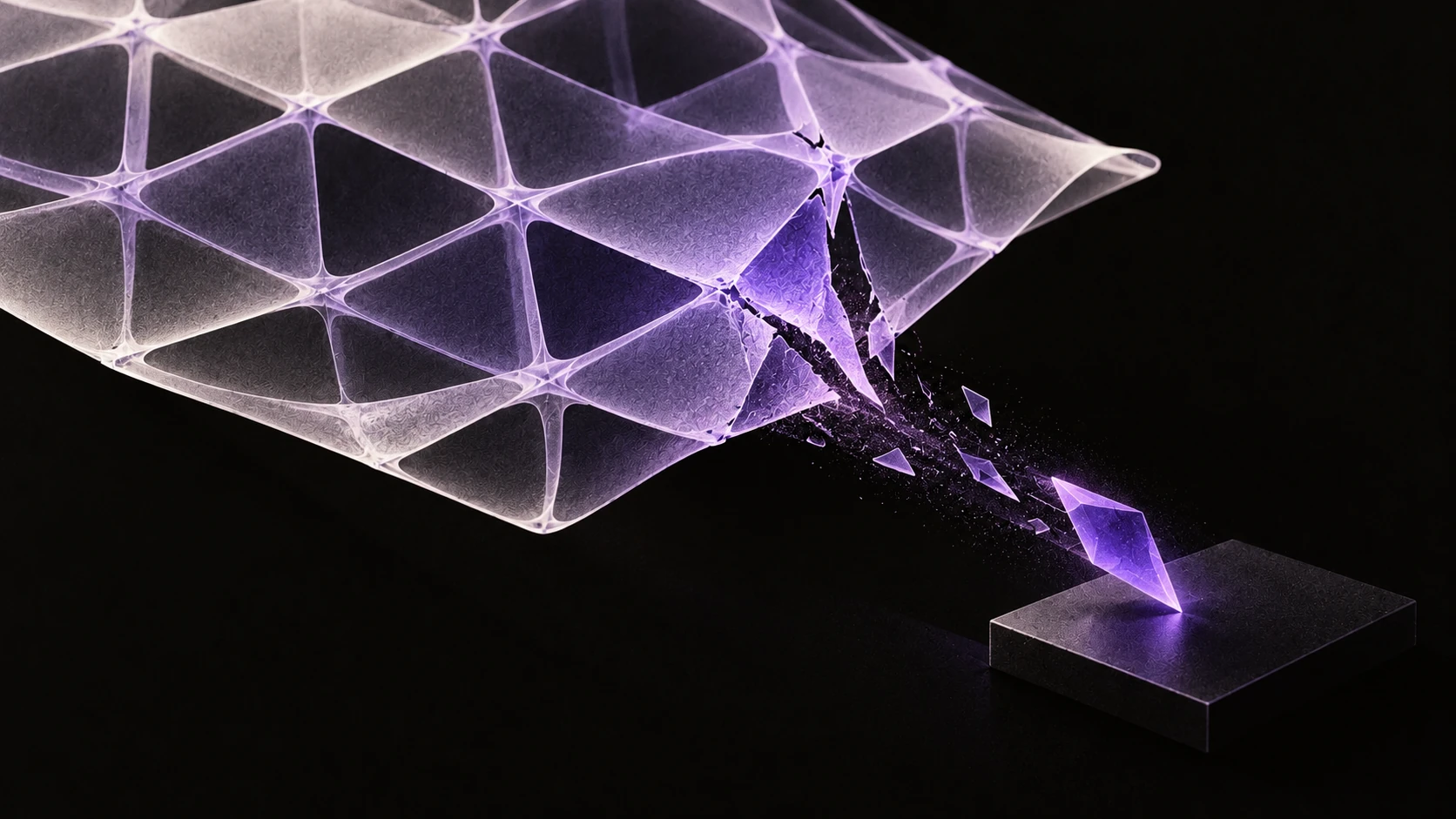 A violet command shard escapes through a fractured translucent lattice and reaches a dark server tile.