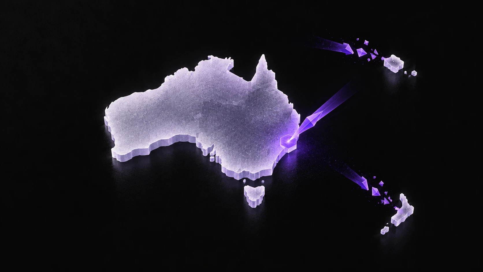 An Australia-shaped landform receives one violet probe while two distant probes break before contact.