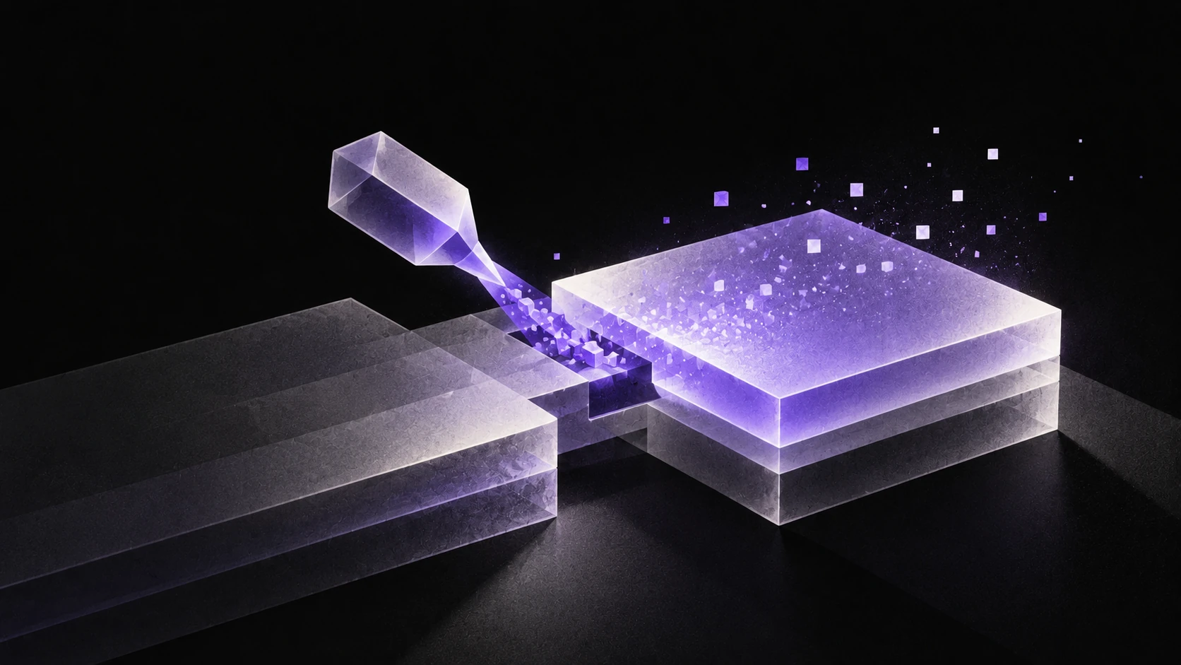 A small faceted maintenance tool transfers violet material into a shared model checkpoint slab.