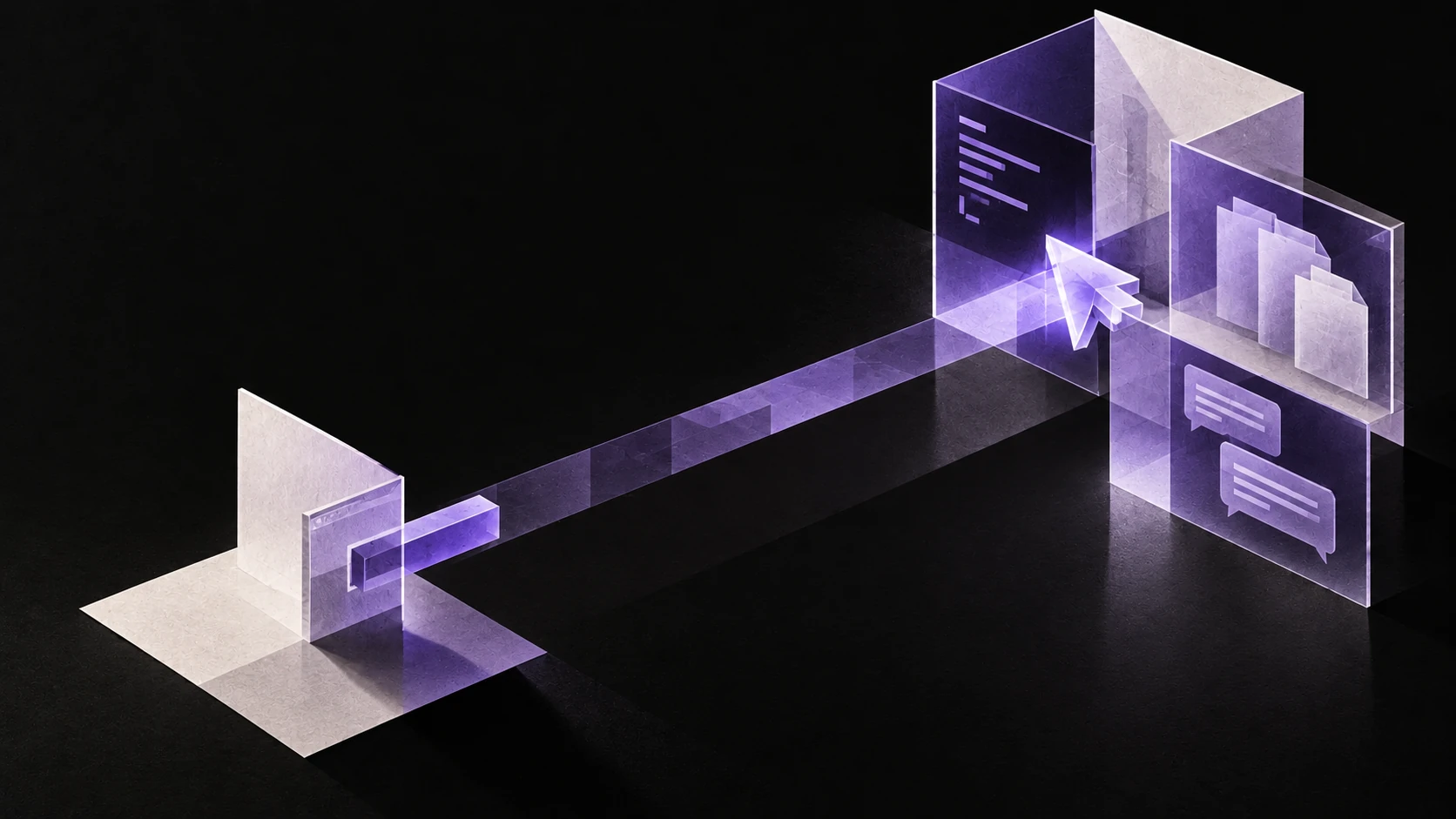 A violet path links a small local panel to a translucent desktop control plane.