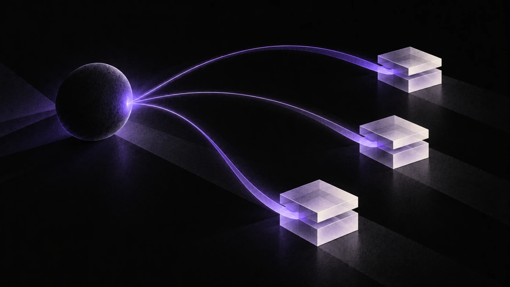 Three service pods tether backward by violet filaments to a distant dark command core.