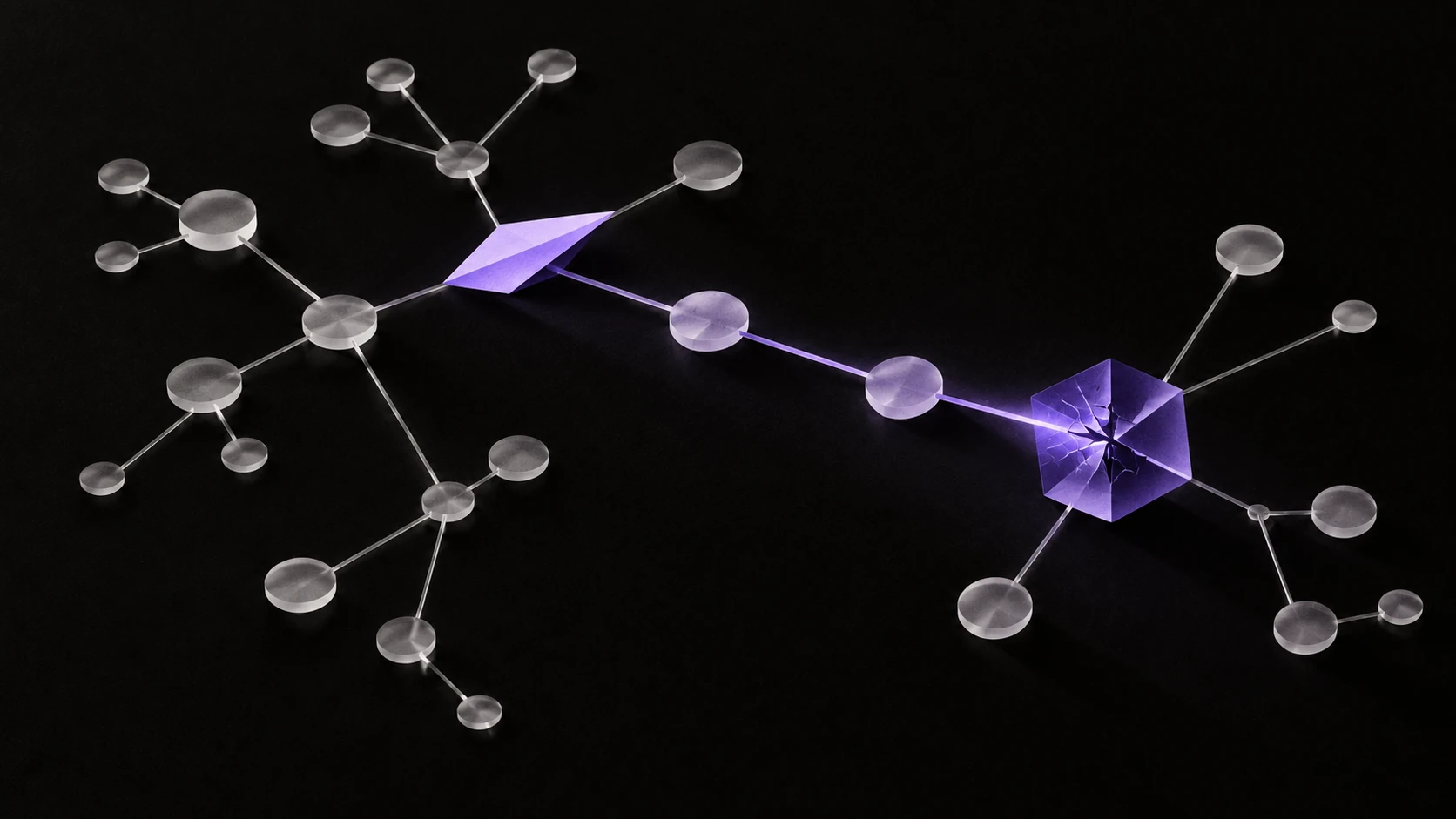 A violet planner shard reaches one fractured code node at the end of a branching search graph.