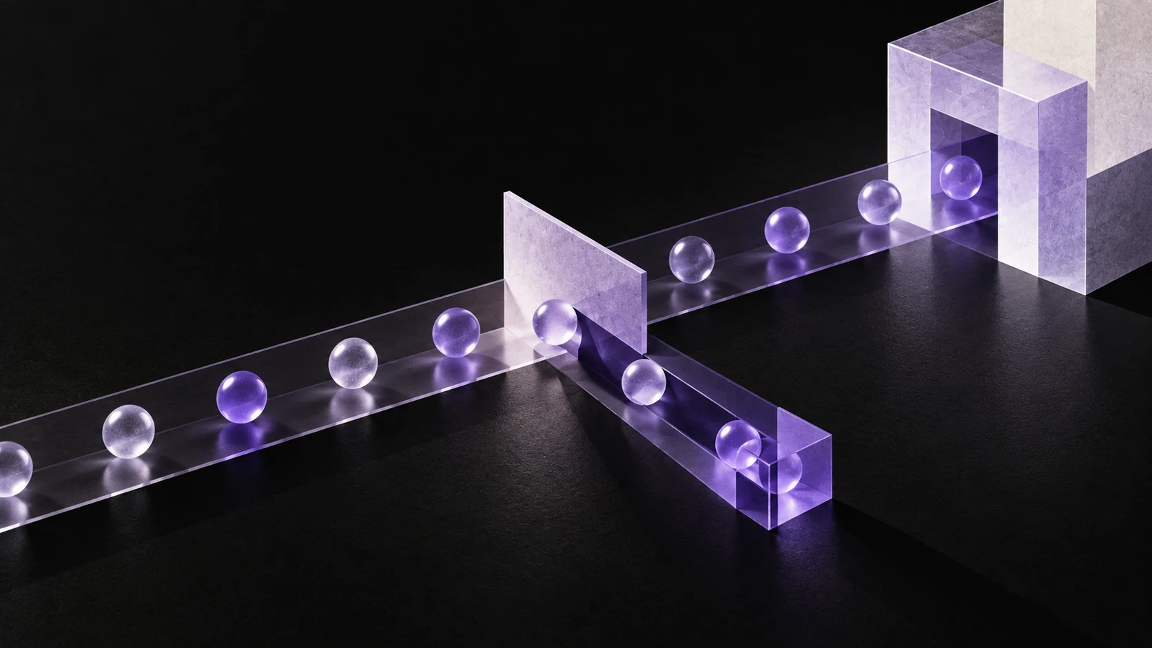 A violet stream of transaction beads splits at an angled surface and diverts into a side channel.