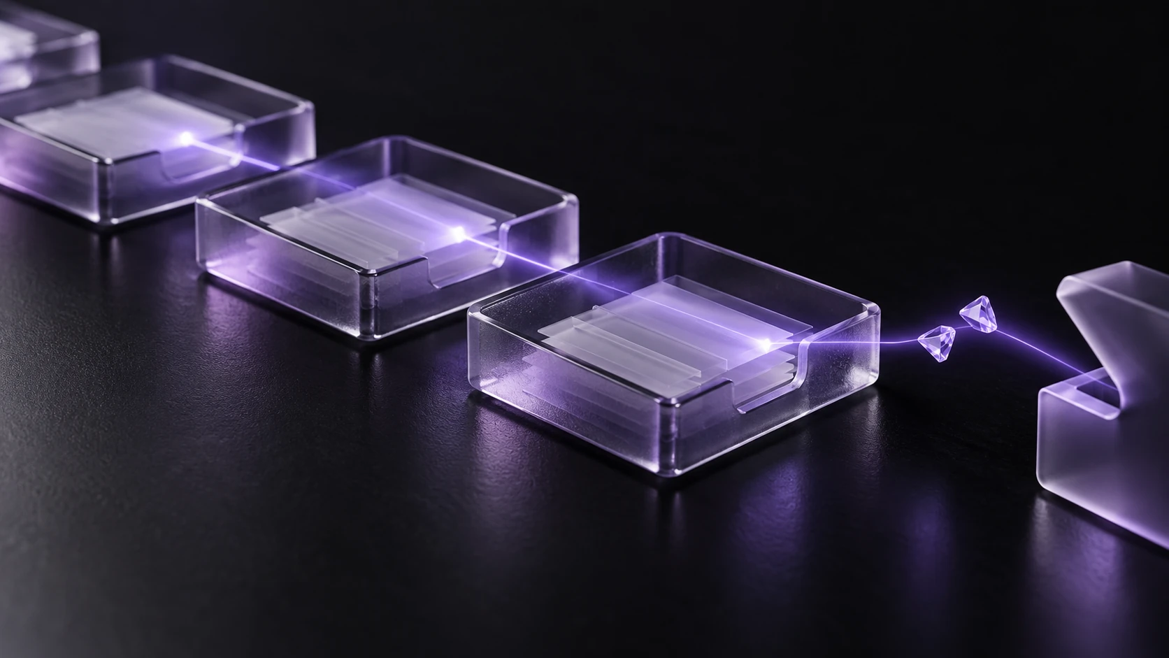 A violet scanning line crosses staggered translucent file trays as two credential fragments lift away.