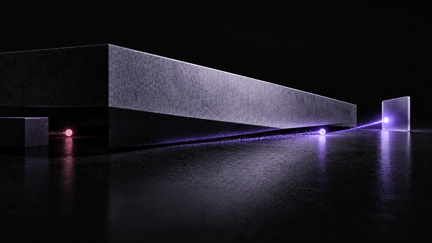 A violet DNS pulse passes underneath a flat barrier toward a distant conversation tile.