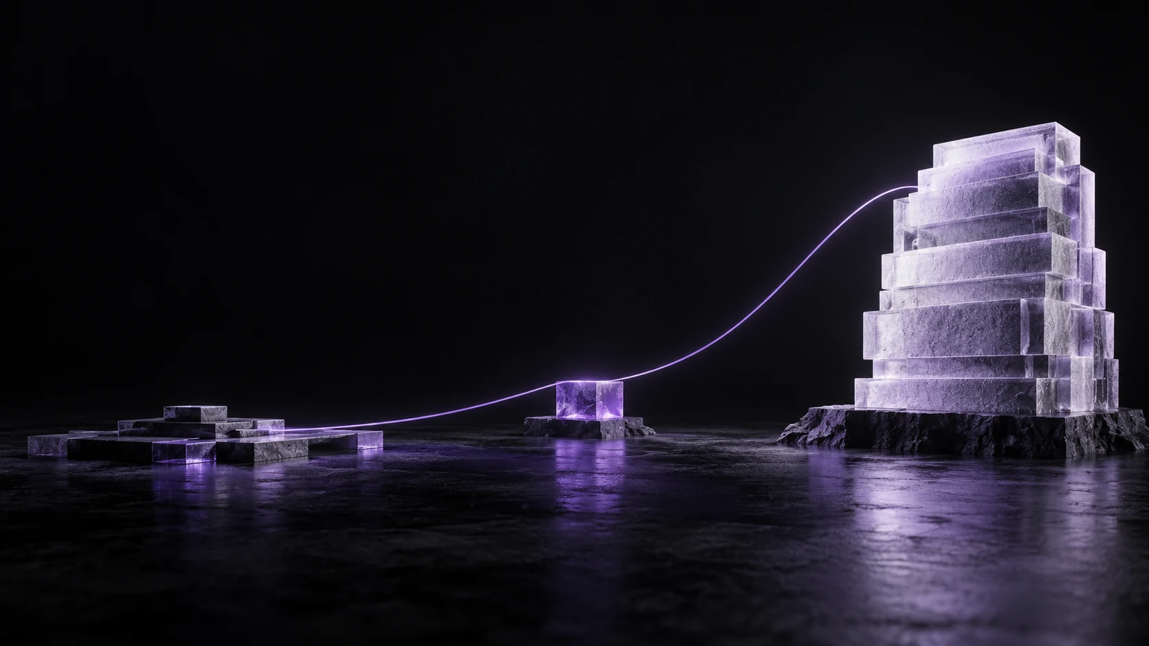 A single violet package prism bridges a sparse test platform to a tall repository stack.