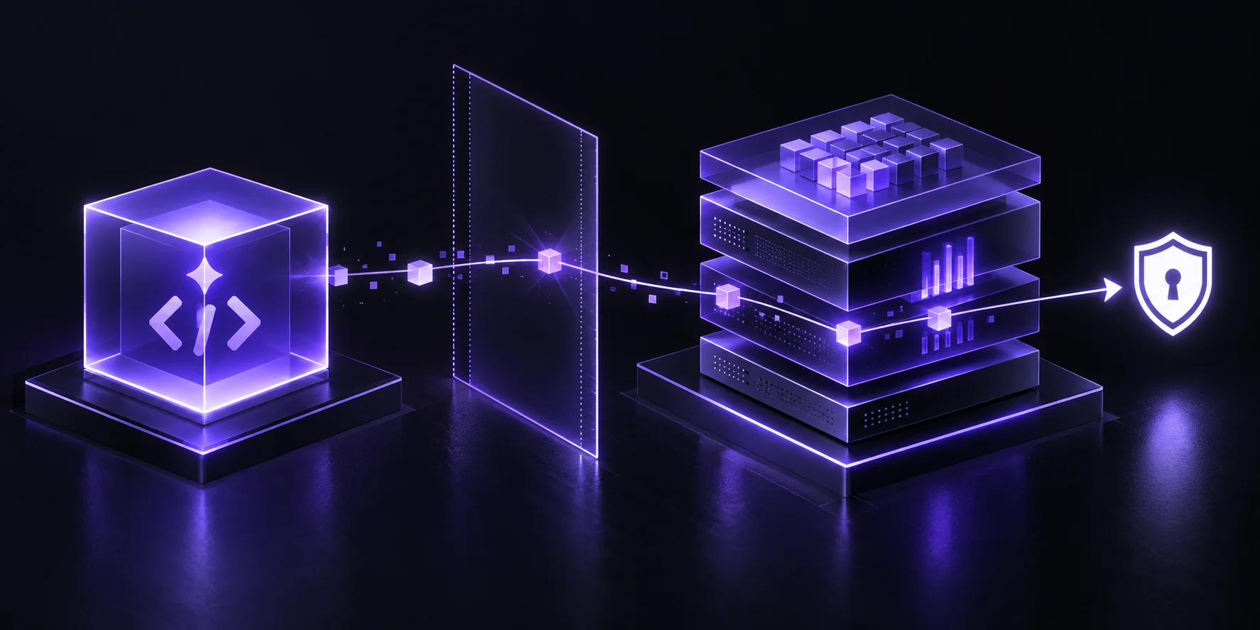 Violet exploit paths cross a clear boundary between an AI coding tool and an inference server before ending at a shield.