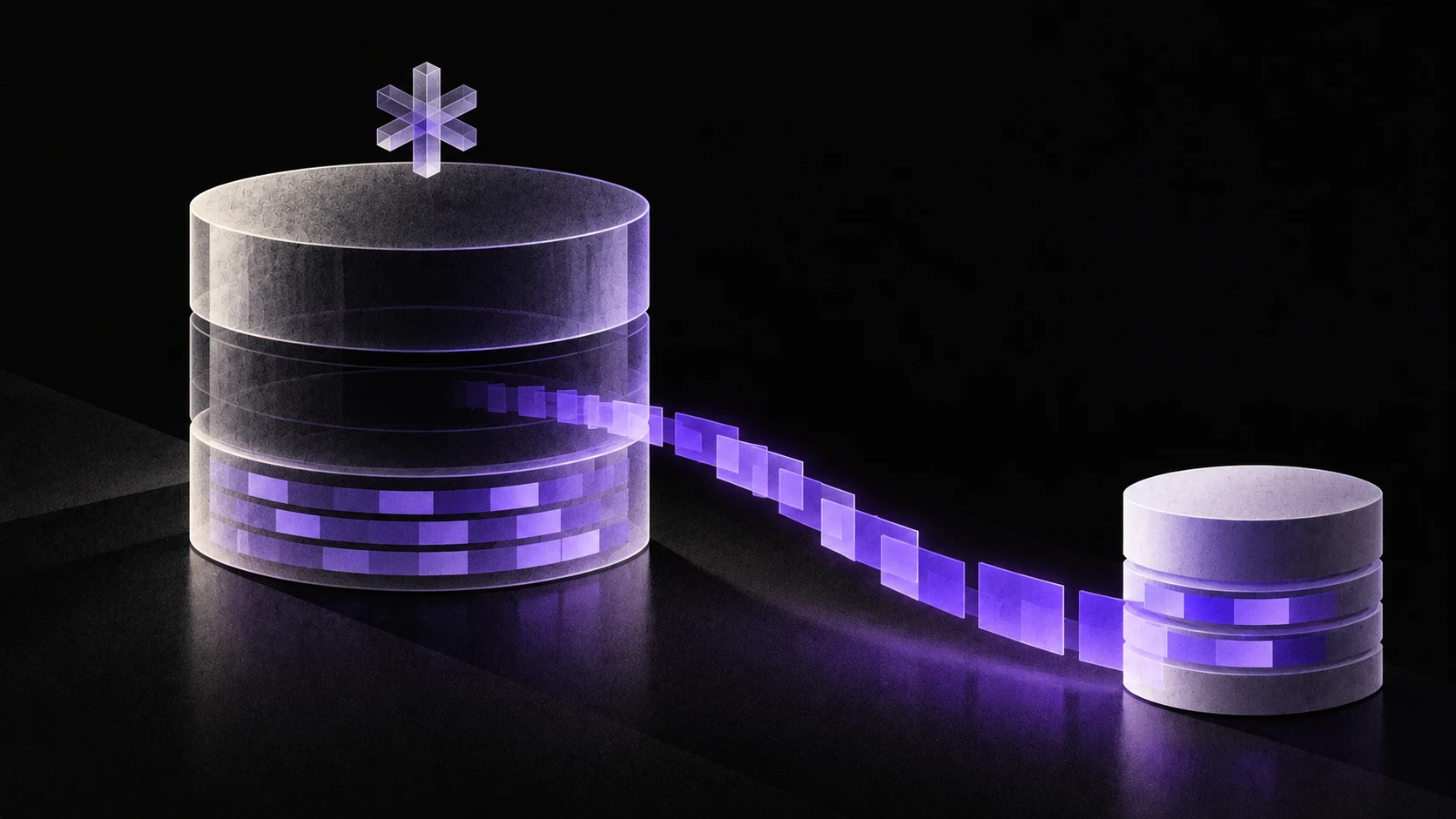Violet data blocks travel between two translucent database cylinders beneath a faceted freeze mark.