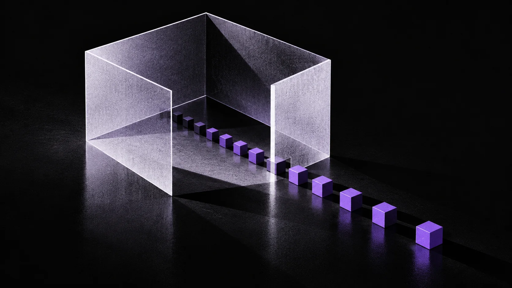 A trail of small violet cubes passes through an opening in a translucent geometric enclosure.