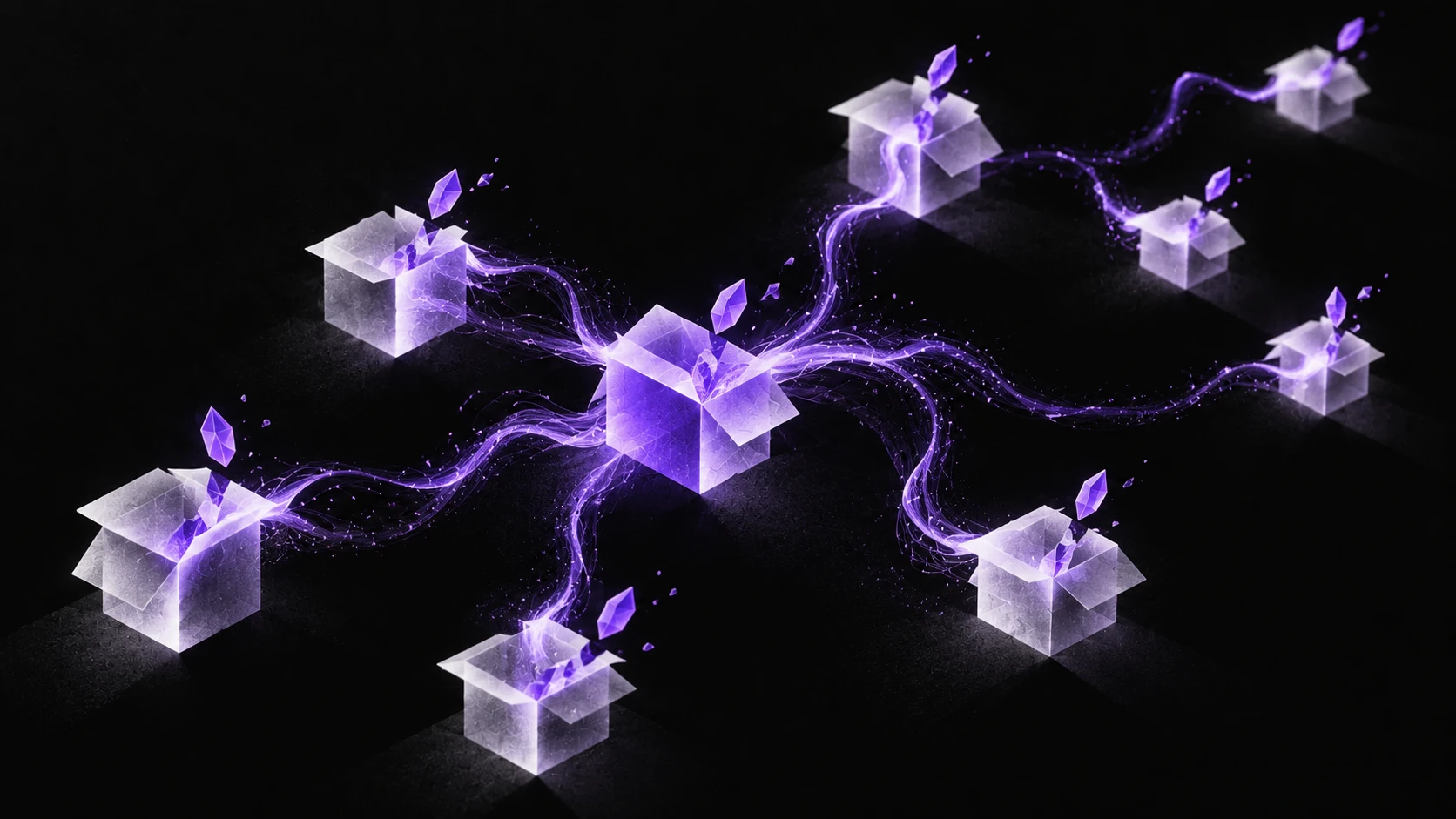 A violet tendril branches across package vessels and lifts tiny credential fragments at several nodes.