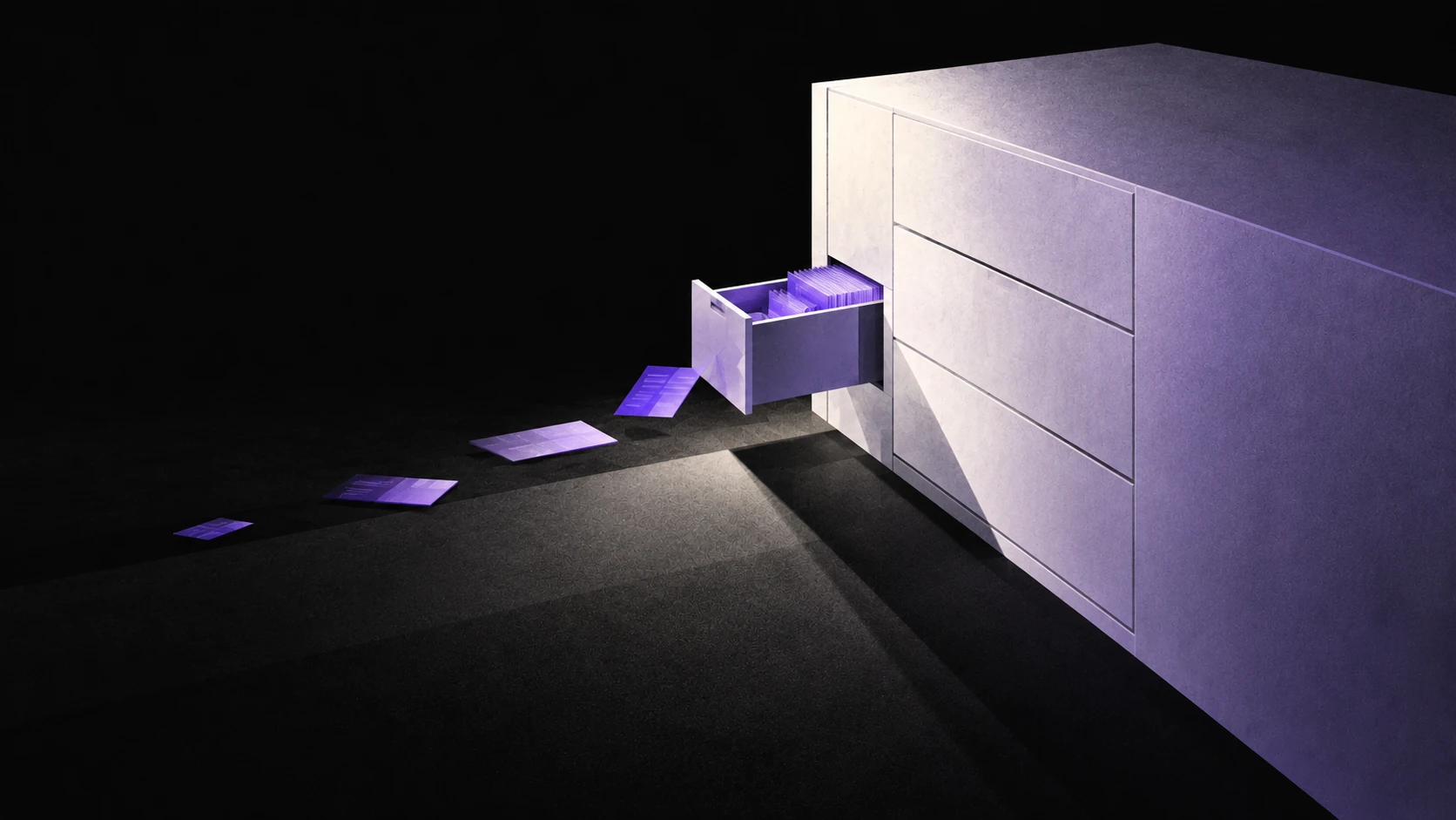 A narrow auxiliary archive drawer is open, with violet record strips slipping into the dark.