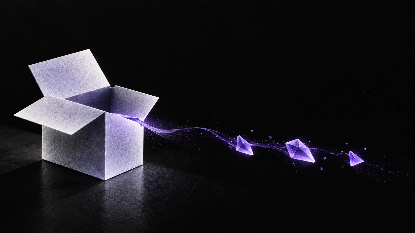 A violet filament escapes an open package shell and carries three small fragments into the dark.