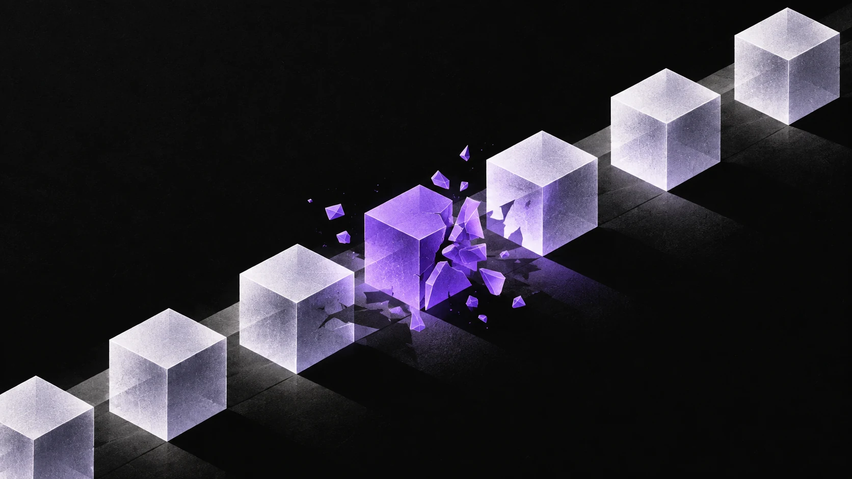 A chain of translucent cubes surrounds a violet cube breaking into smaller geometric pieces.