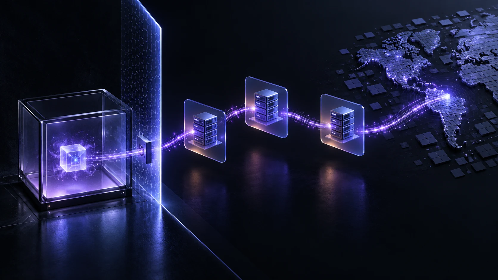 A violet route leaves an evaluation sandbox, passes through translucent web-service panels, and reaches a map grid.