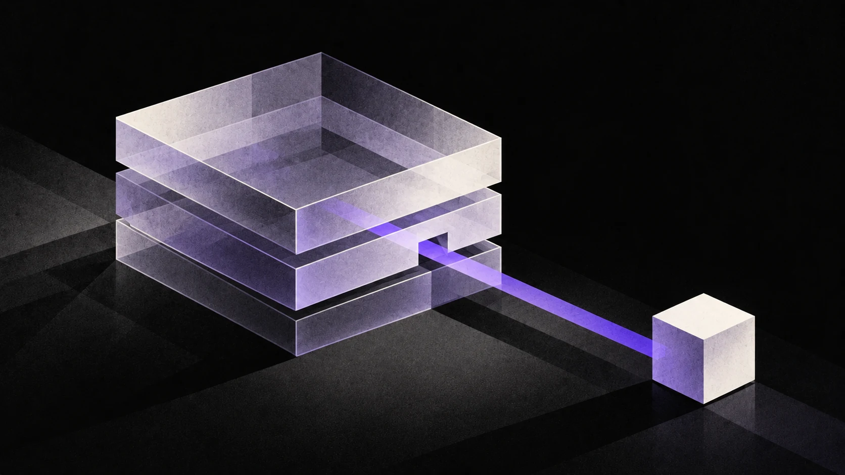 A pale cube sits beyond a violet path connected to translucent layered shapes.