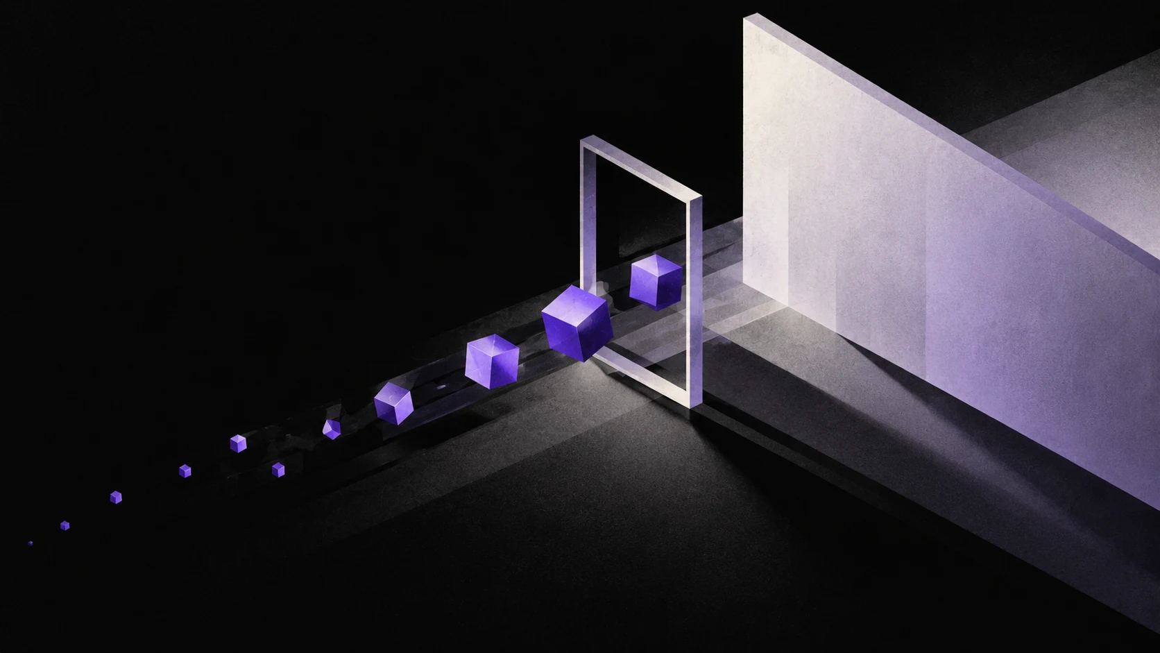 Small violet blocks pass through a translucent geometric boundary.