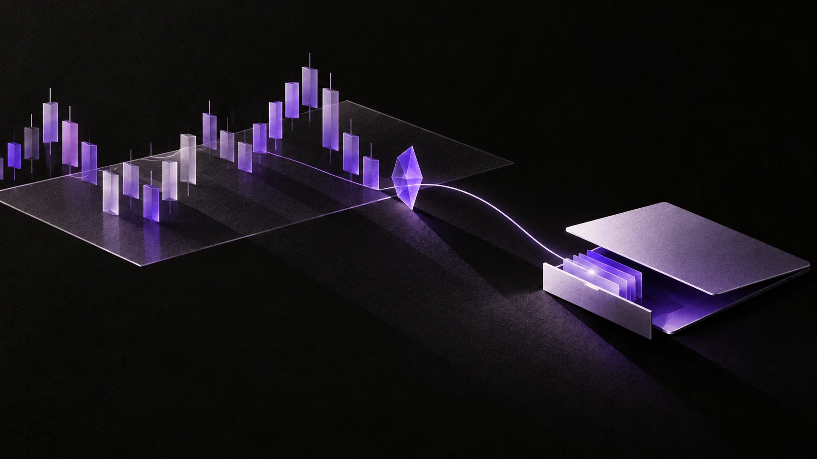 A violet line moves from an abstract trading chart to a small Mac-like slab with an open drawer.