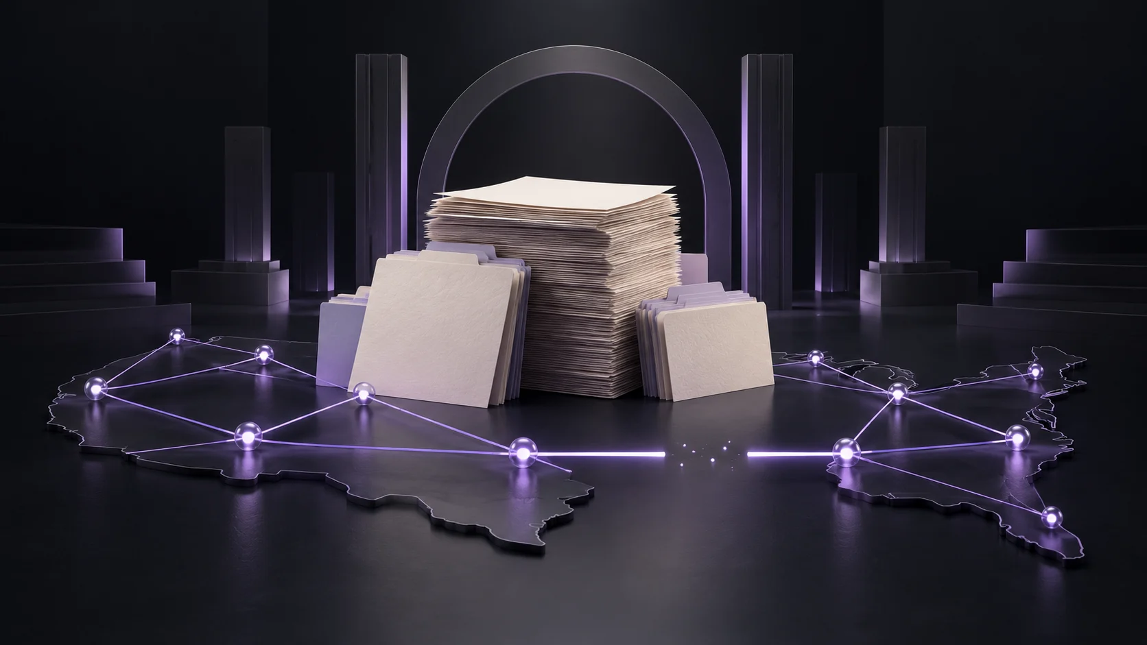 A stack of court notices sits above a map of the United States, connected by violet network lines with a visible break.