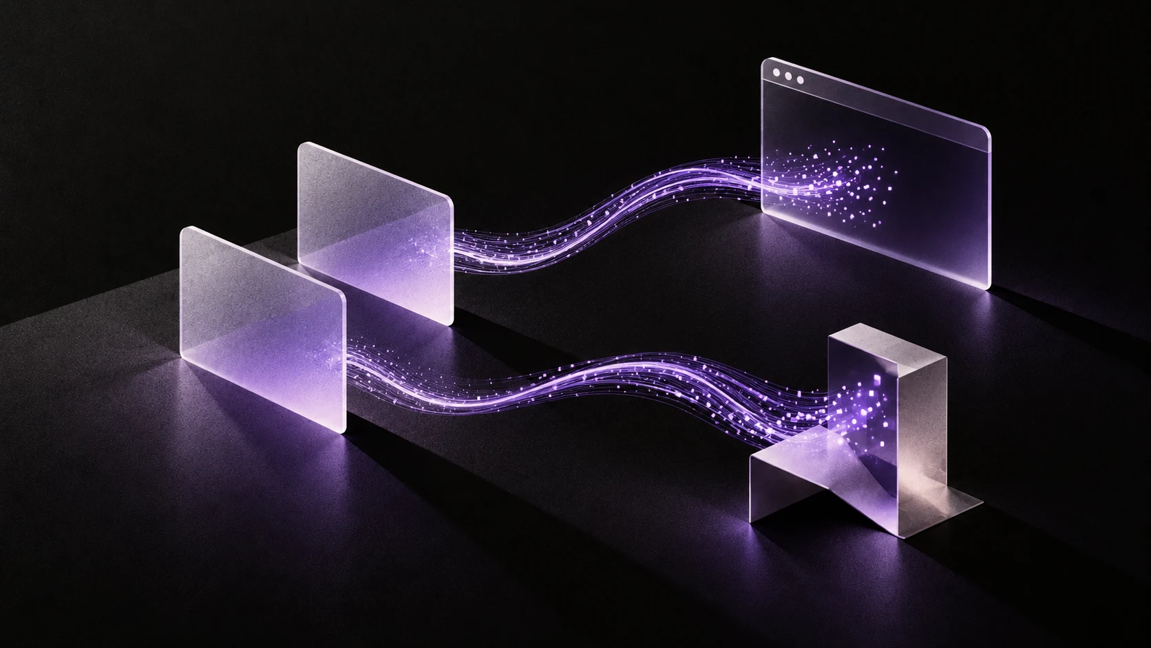 Two translucent skill cards leak separate violet strands to a browser pane and an abstract clipped form.